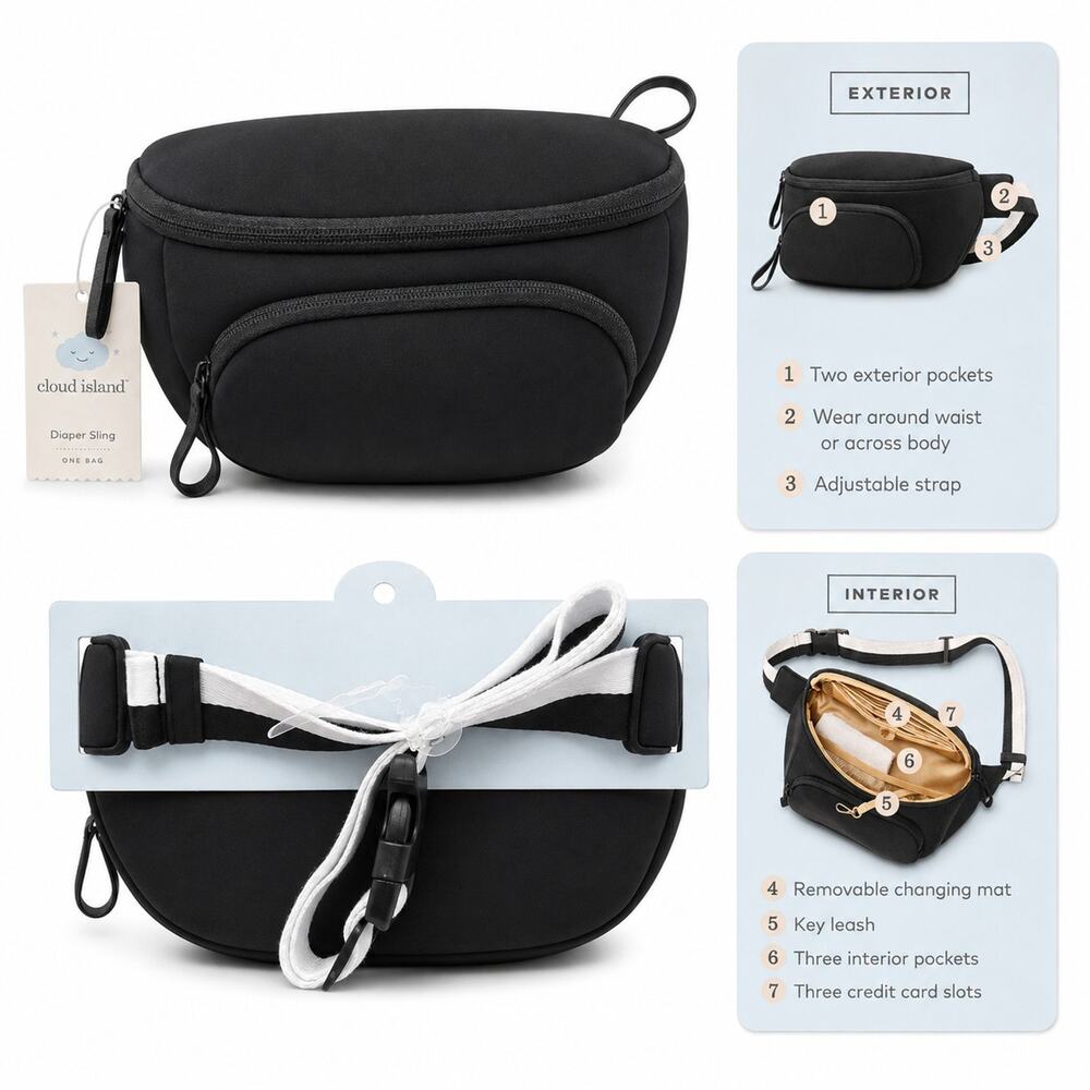 Cloud Island Diaper Sling Crossbody Diaper Bag Black w/ Changing Pad NEW